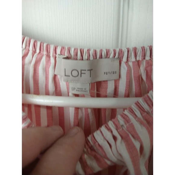 Loft Pink White Striped Casual Peasant Side Slit Blouse. Size SP - Picture 4 of 9